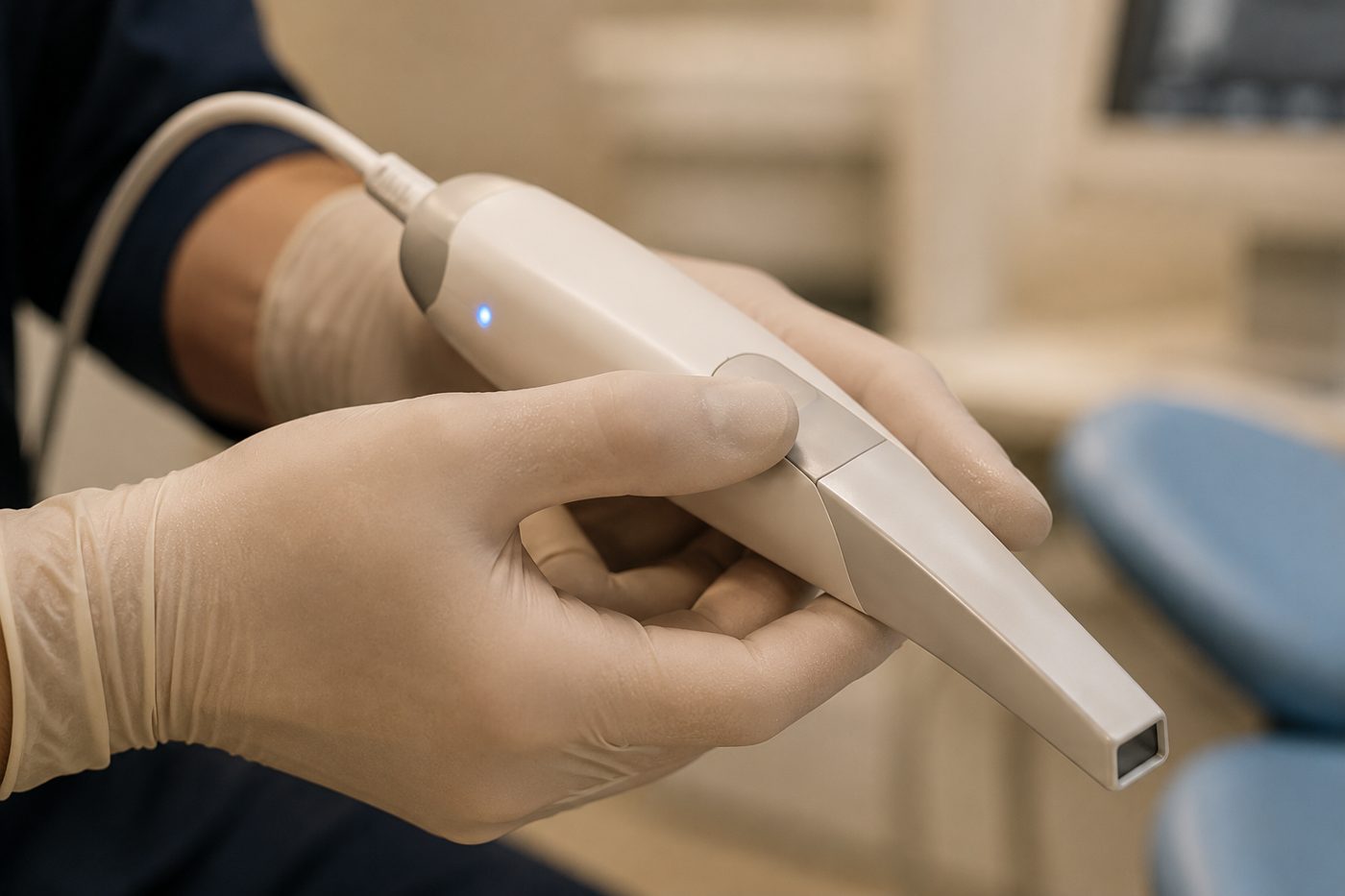 Intraoral scanner in a clinician's gloved hand