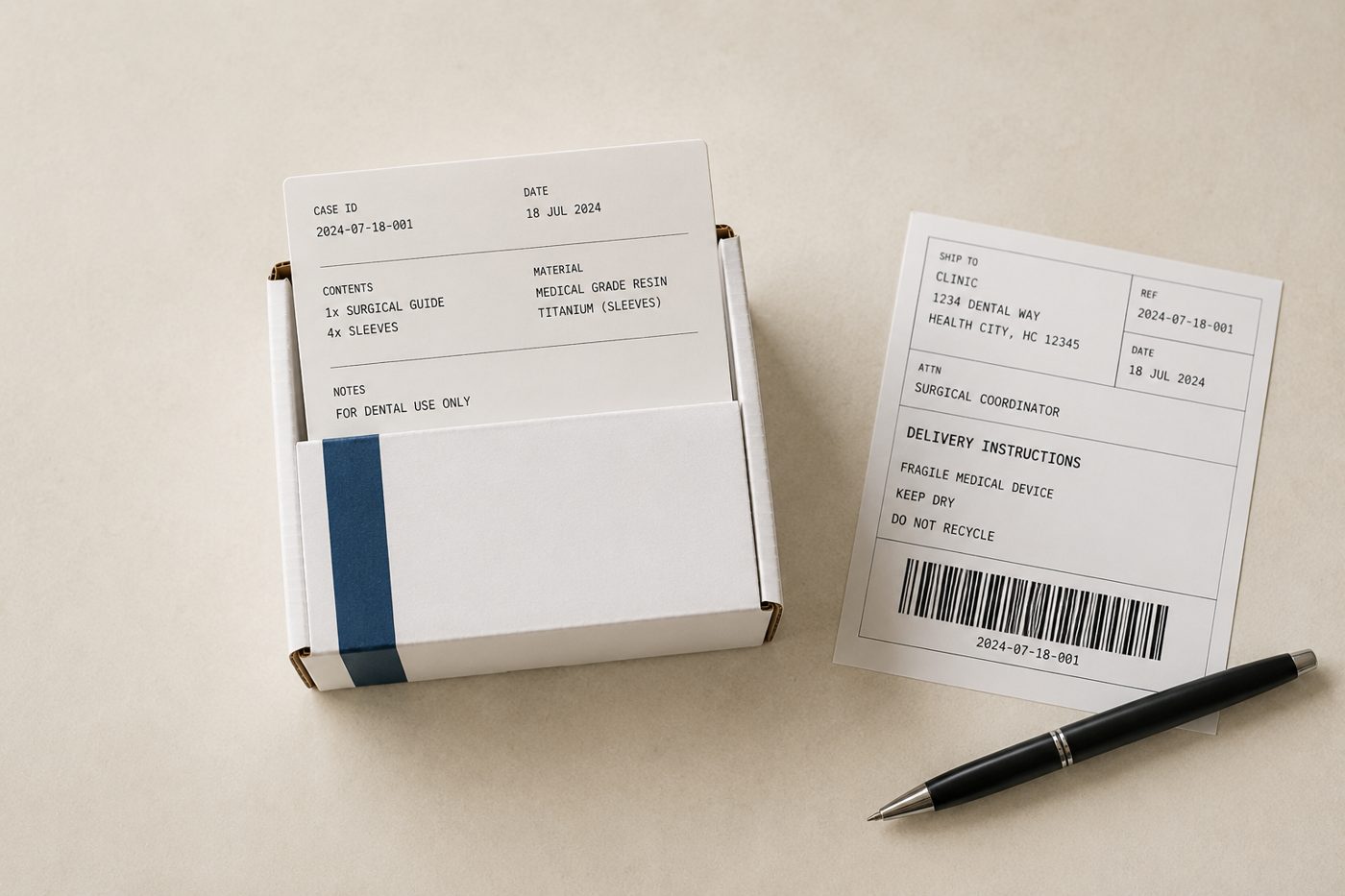 Boxed surgical guide labelled for dispatch
