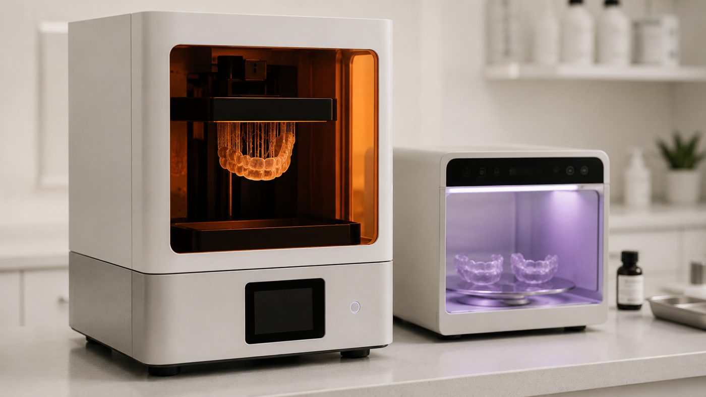 Resin 3D printer and curing unit in a dental lab