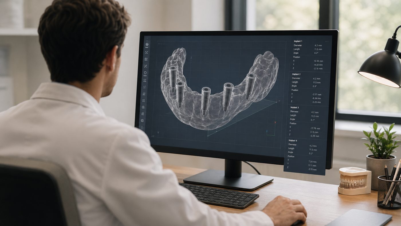 Clinician reviewing a 3D implant plan on screen